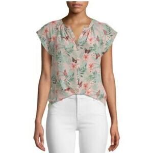 Women's Joie Racel Butterfly Split Neck Silk Top In Porcelain XS Pale Pink Green